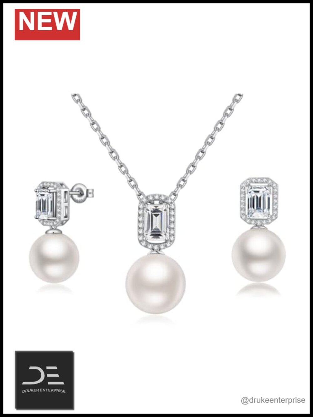 12mm White Pearl Jewelry Set, 925 Sterling Silver Halo Stud Earrings, Emerald